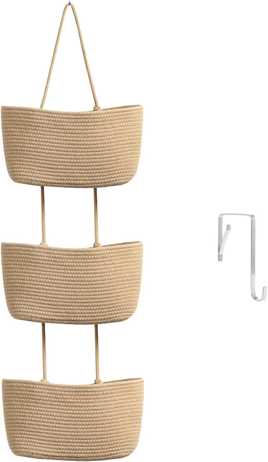 TeoKJ Over the Door Hanging Basket, 3-Tier Woven Cotton Wall-Mounted S