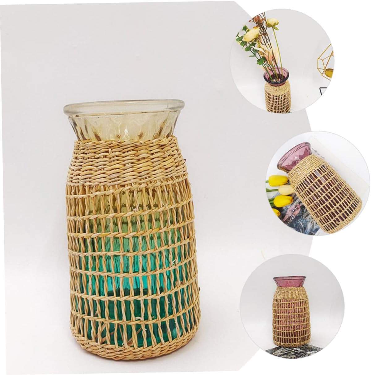 BESTOYARD 2pcs Rattan Woven Glass Flower Vase Set, Wide Mouth Desktop Vase, Decorative Planter Pot for Home and Office Décor, Blue and Burgundy Color, Boho Style
