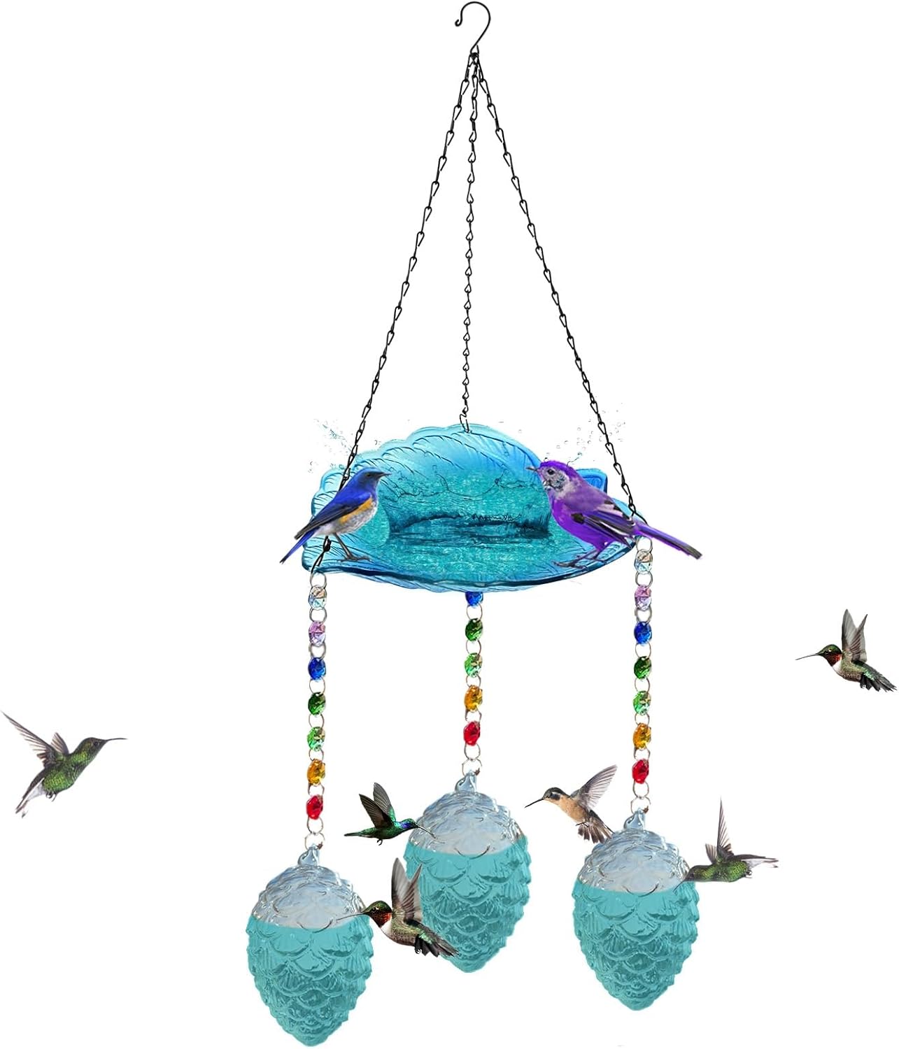 Hummingbird Feeders for Outdoors, Birdbath Bowl, Hanging Solar Bird Bath Fountains with 4 Blue Feeder Pots,Bird Bath Bowl for Garden Backyard Decor
