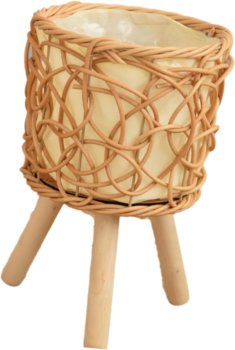 Rattan Plant Stand Stool with 3 Wood Legs Balcony Flower Pots Display 