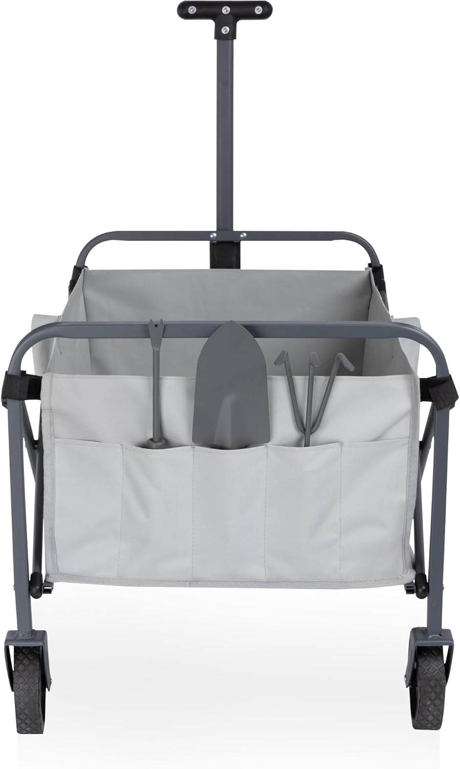 Picnic TIME Garden Wagon with 3 Piece Tools, Utility Cart with Wheels, Steel Frame Collapsible Wagon for Outdoor, Rolling Cart Featuring Telescopic Handle, Removable Insert, and Pockets, (Fog Gray)