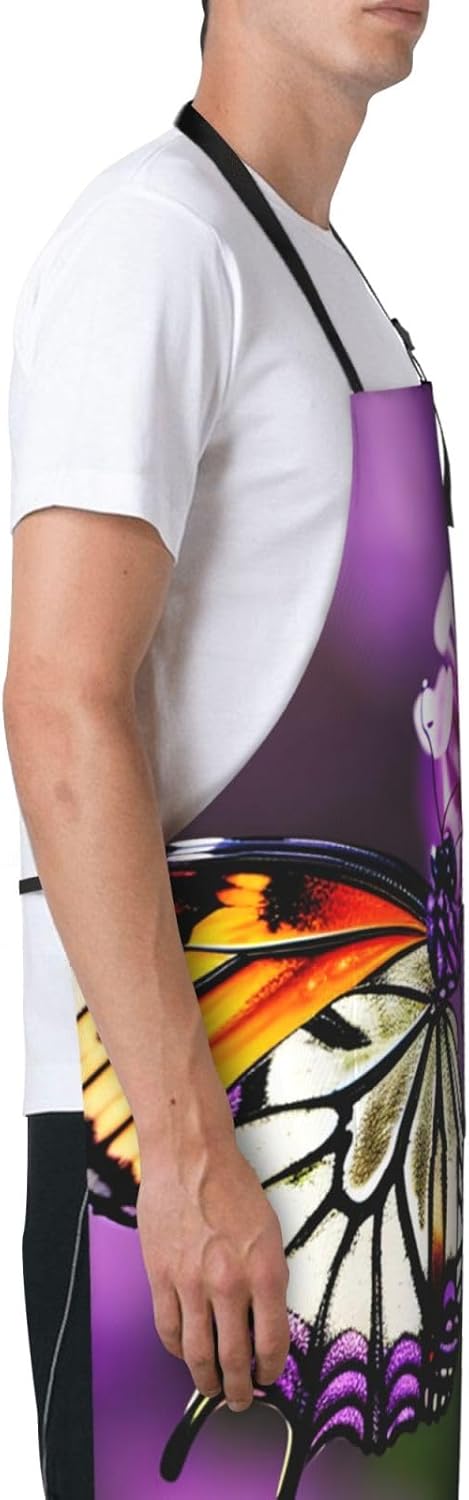 Purple plum butterfly print Waterproof chef's apron with pocket apron for kitchen cooking baking barbecue and gardening