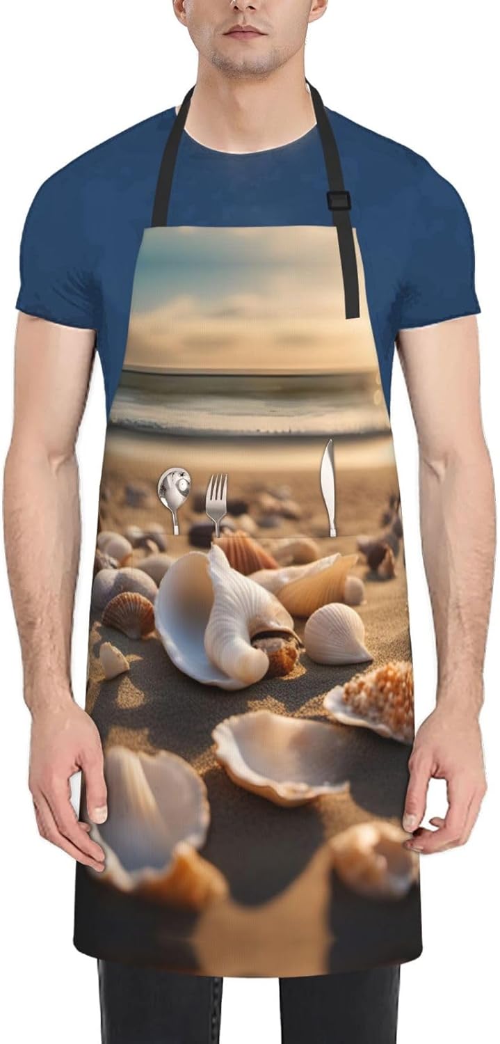 Seashell Landscape On The Beach print Waterproof chef's apron with pocket apron for kitchen cooking baking barbecue and gardening