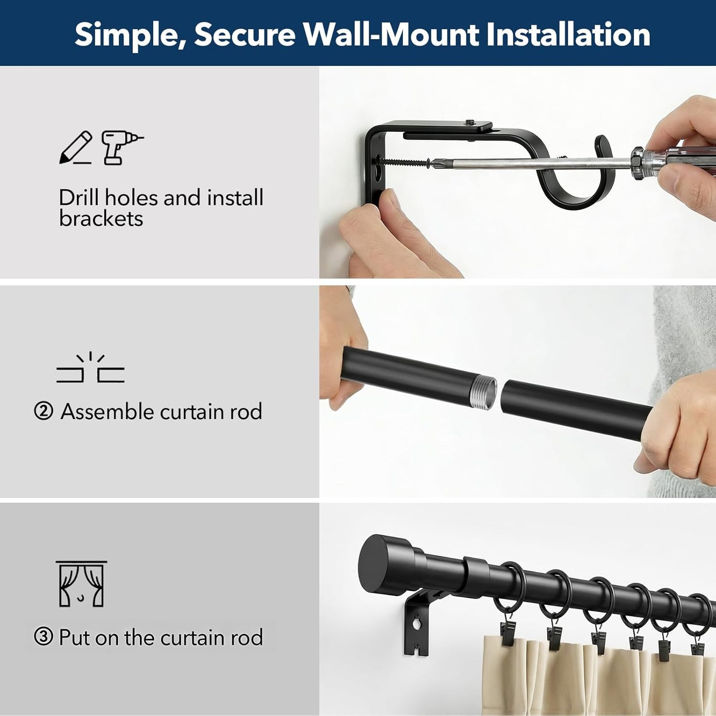 Heavy Duty Curtain Rods for Windows 66 to 120 Inch,1 Inch Adjustable Black Curtain Rod with Easy Installation and Modern Design,Decorative Long Drapery Rods with Metal Finials (A1,Black,30-120")