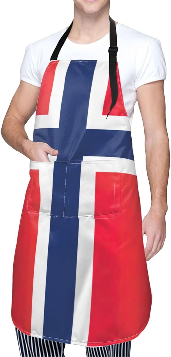 Norwegian flag print Waterproof apron with pocket adjustable cooking a
