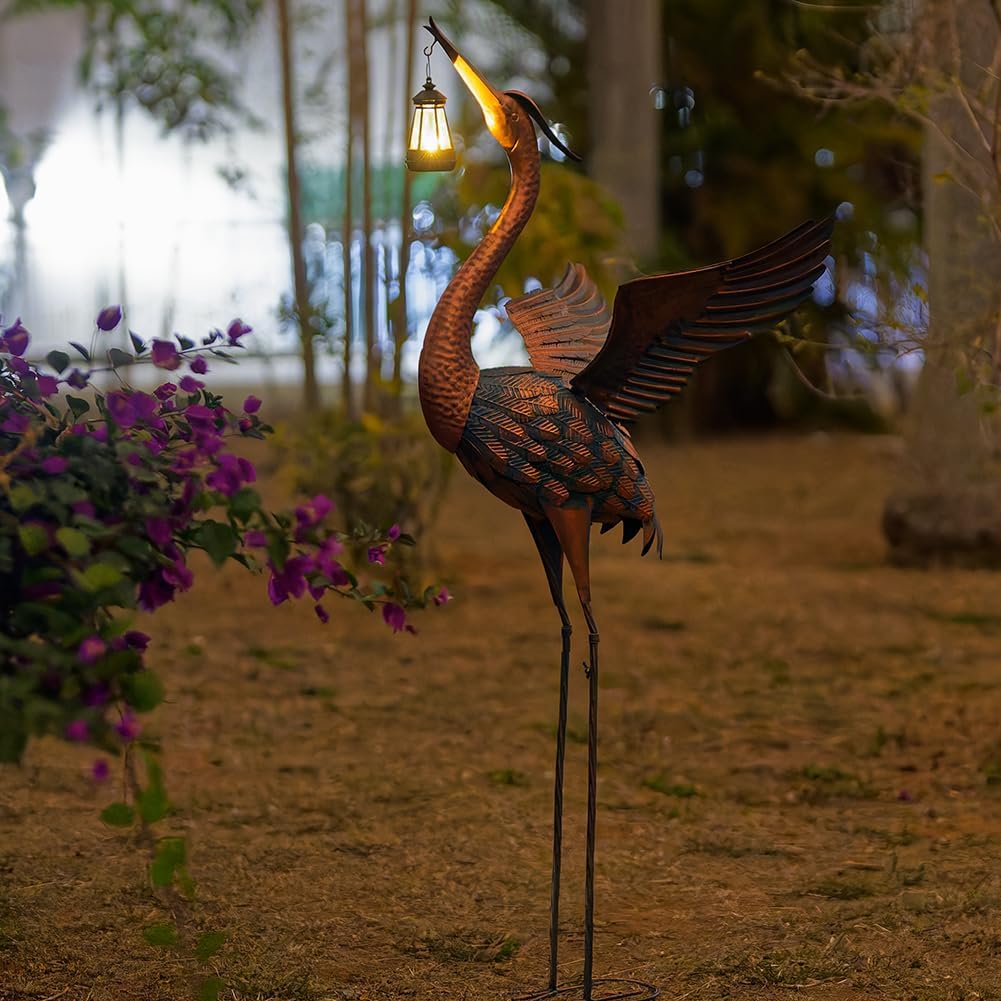 48'' Heron Garden Statue, Large Crane Outdoor Statue with Solar Lantern, Crane Bird Metal Yard Art for Outside Backyard, Pond, Porch Decor