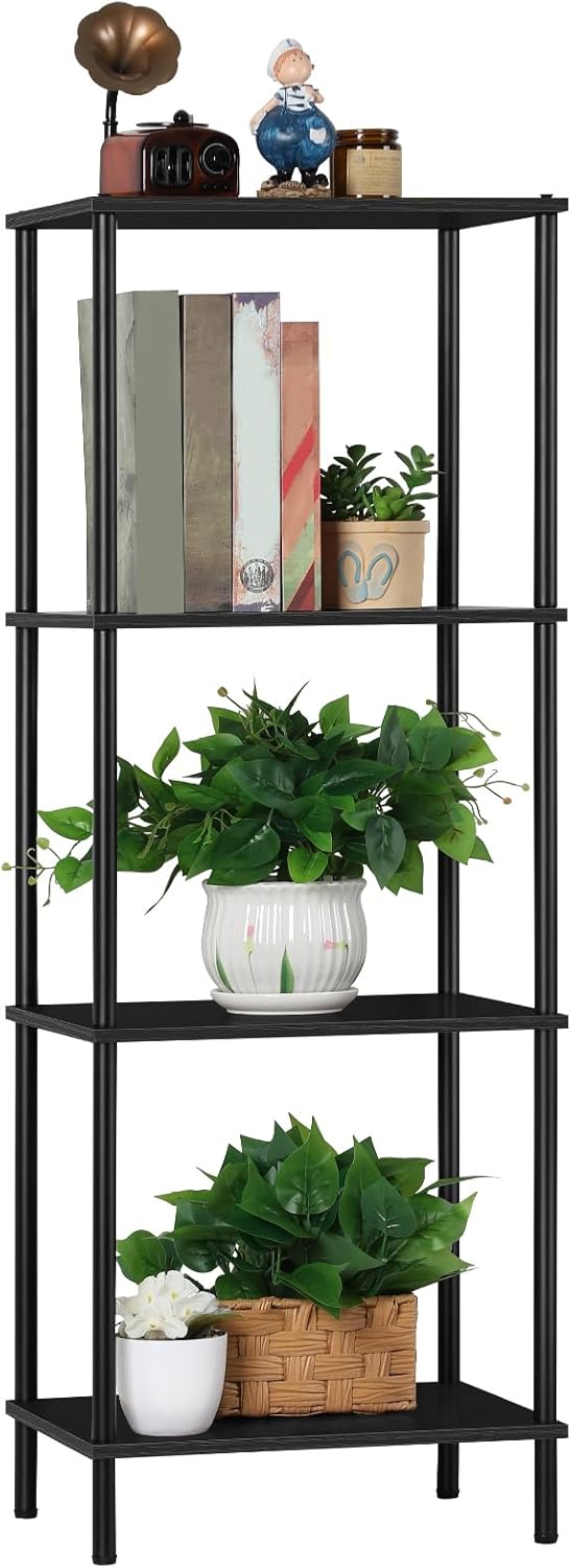 Narrow End Table Tall Black Side Table 4 Tier Wooden Metal Modern Plant Flower Display Stand Rack with Storage for Living Room Bedroom Bathroom