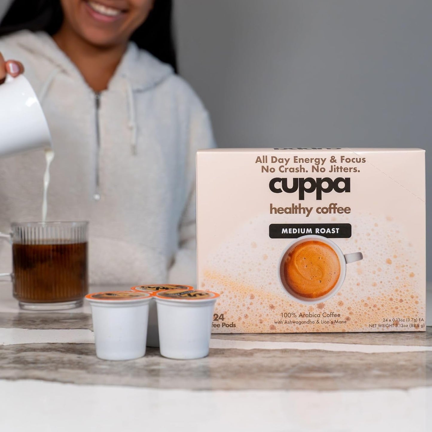 Cuppa Medium Roast Mushroom Coffee with Adaptogens & Superfoods - Lion’s Mane, Ashwagandha & Cordyceps. Adaptogens + MCT to support natural energy, mental focus & gut health (24 Servings)
