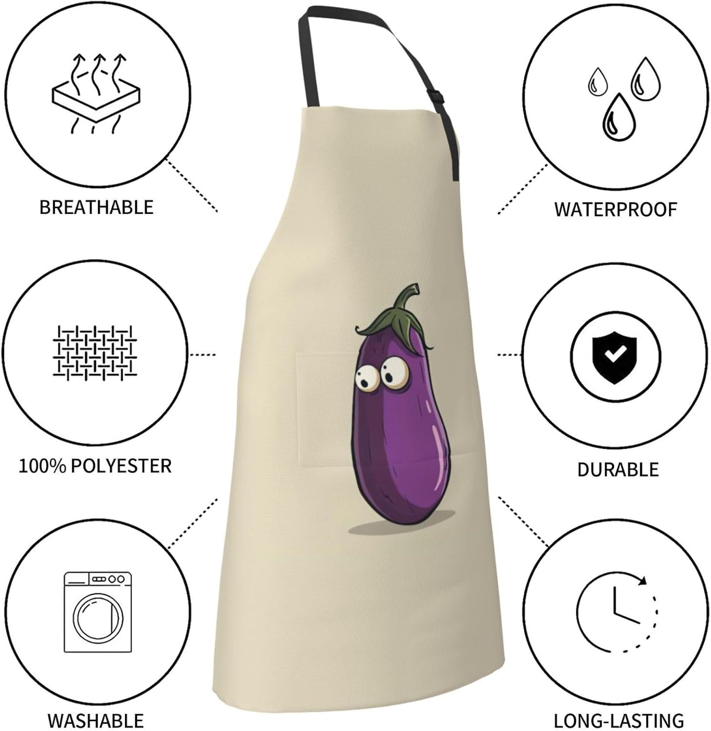 Cartoon Eggplant print Waterproof chef's apron with pocket apron for kitchen cooking baking barbecue and gardening