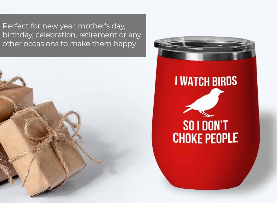 Birding Red Edition Wine Tumbler 12oz - I watch birds - Bird Feeder Ba