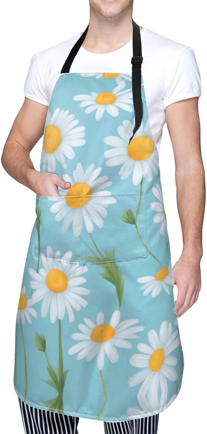 White Daisy in Light Blue Background print Waterproof chef's apron wit