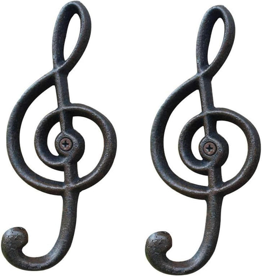 2 Pack Decorative Wall Hook, Music Note Wall Hooks, Black Cast Iron Single Hook for Home Kitchen Outdoor Garden Hanging Clothes Caps Bags Coats Daily Tools Planter, 6.3"X2.75"