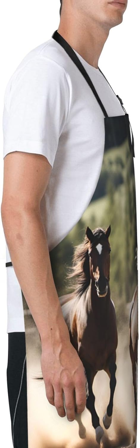 Three running horses print Waterproof chef's apron with pocket apron for kitchen cooking baking barbecue and gardening