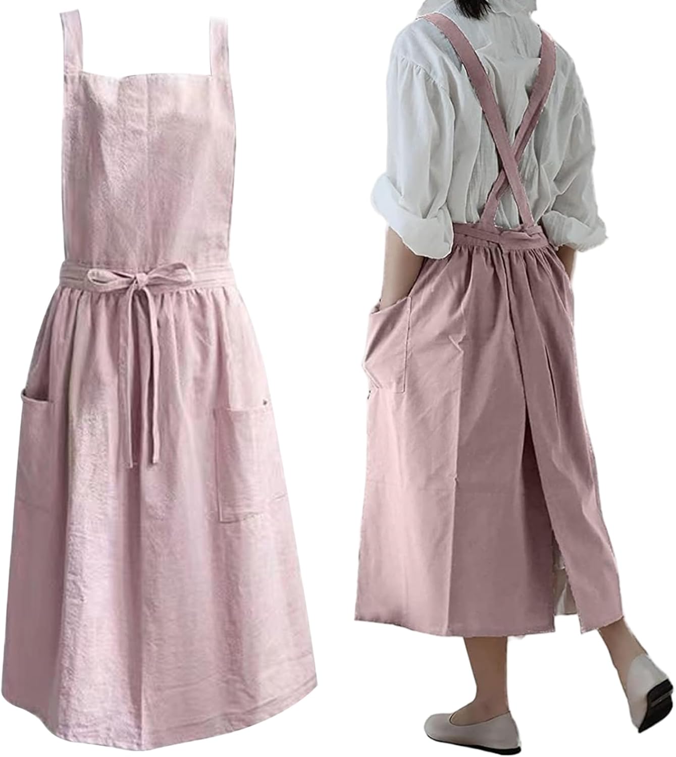 Women's Garden Apron with Pockets, Soft Cotton Cute Elegant Cross-Back Work Apron for Restaurant, Flower Arrangement