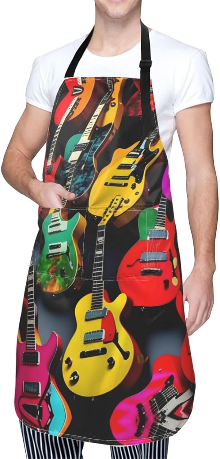 Colorful Guitar Print Laundry apron 28x33 In Waterproof Kitchen Apron with Pockets for Cooking Baking