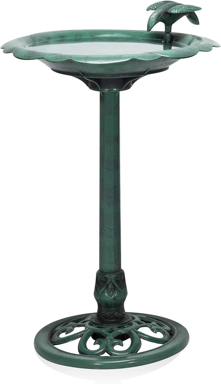 Alpine Corporation 31" Tall Outdoor Antique Flower Birdbath with Bird Decoration Yard Statue, Durable Polypropylene Construction for Patio, Deck, or Yard, Green