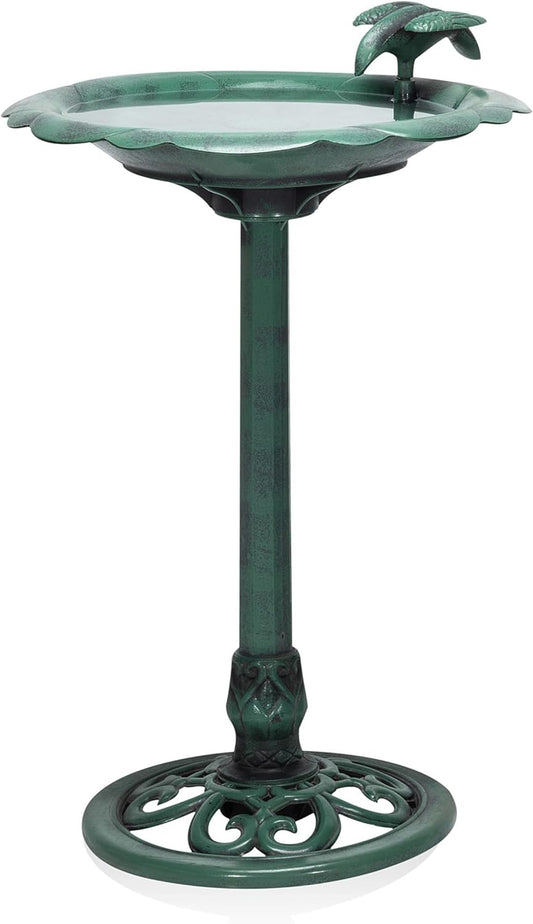 Alpine Corporation 31" Tall Outdoor Antique Flower Birdbath with Bird Decoration Yard Statue, Durable Polypropylene Construction for Patio, Deck, or Yard, Green