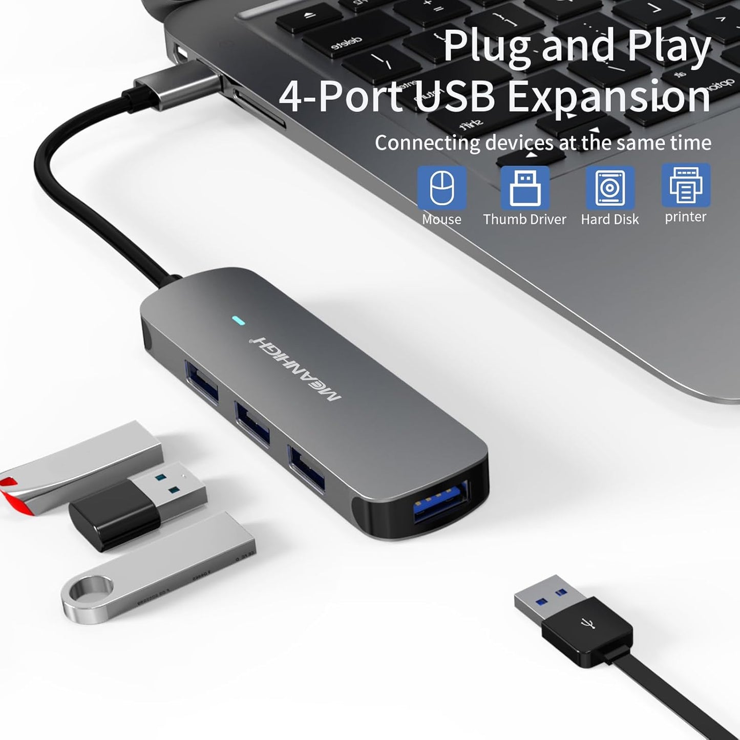 USB Hub 4 Ports, MEANHIGH Multiple USB A 3.0, 2.0 Splitter Portable Ad