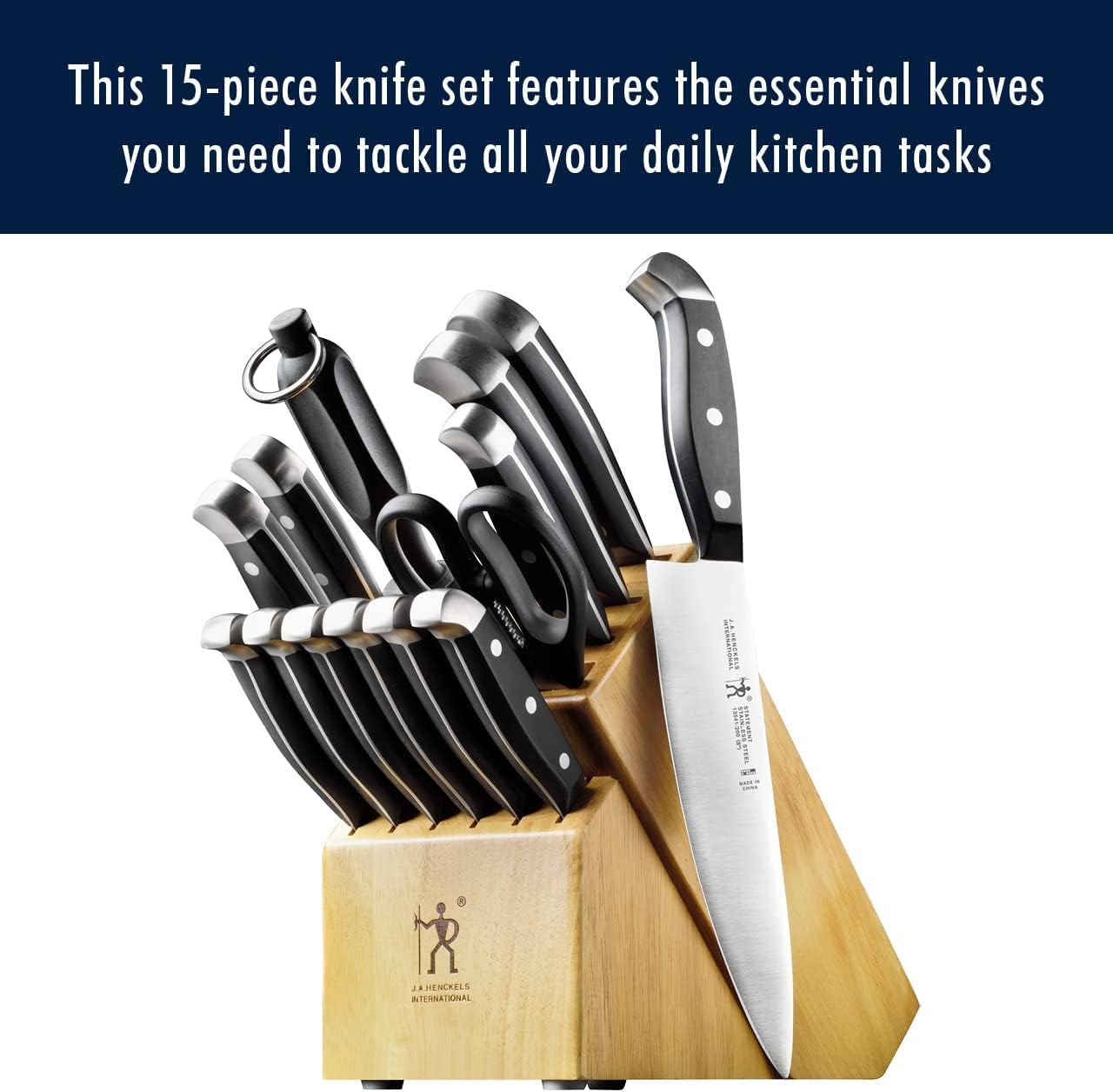 HENCKELS Statement Premium Quality 15-Piece Set with Block, Natural, Razor-Sharp, German Engineered Informed by 100+ Years of Mastery, Lightweight and Strong, Dishwasher Safe
