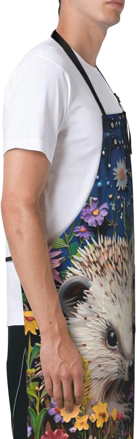 Floral Hedgehogs Print Laundry apron 28x33 In Waterproof Kitchen Apron with Pockets for Cooking Baking