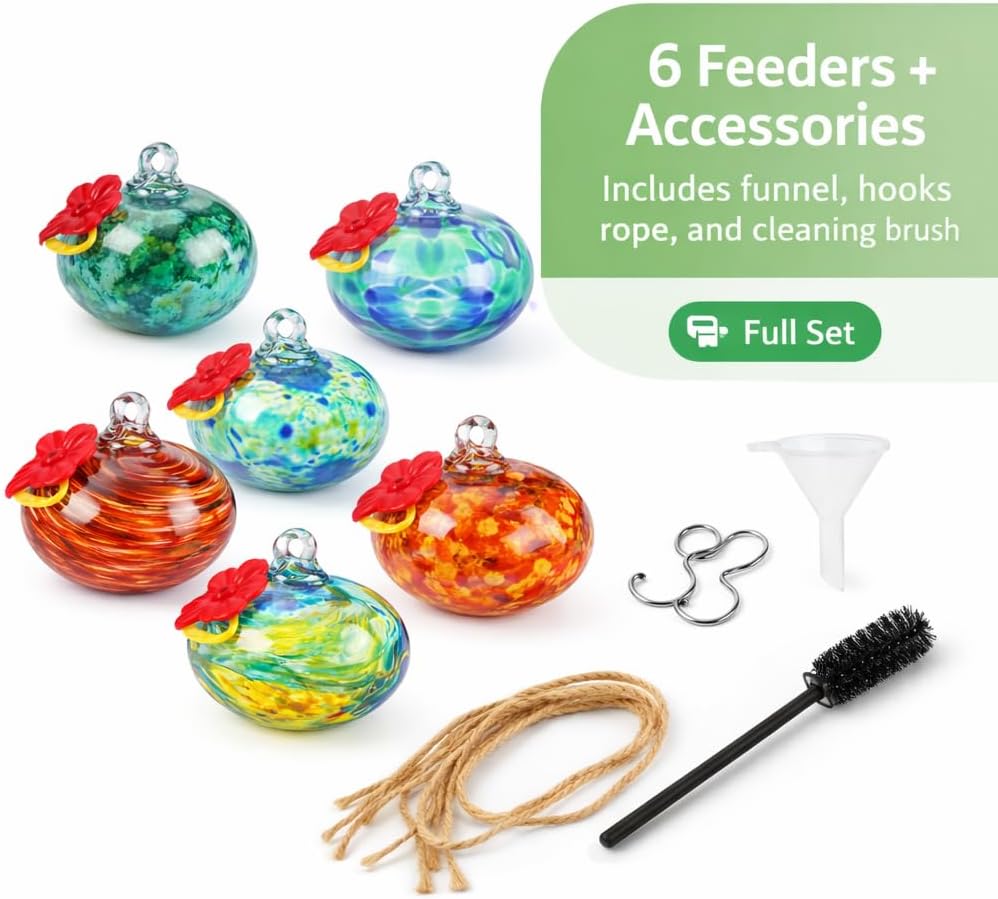 Adkoat® 6PCS Hand Blown Glass Hummingbird Feeders for Outdoors Hanging - Artistic Mini Nectar Feeder Set with Red Flower Ports - Colorful Garden Suncatcher Decor & Unique Gifts for Women Mom Grandma