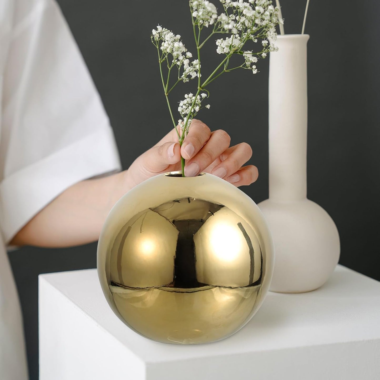 FAVOMOTO Gold Electroplated Ceramic Ball Vase Large Bulbous Flower Pot