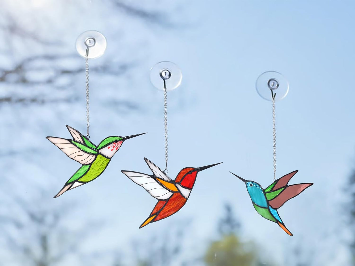 Lolitarcrafts Hummingbird Stained Glass Window Hangings Bird Stained Glass Suncatchers Hummingbird Gifts for Mom,Bird Lovers (Green)