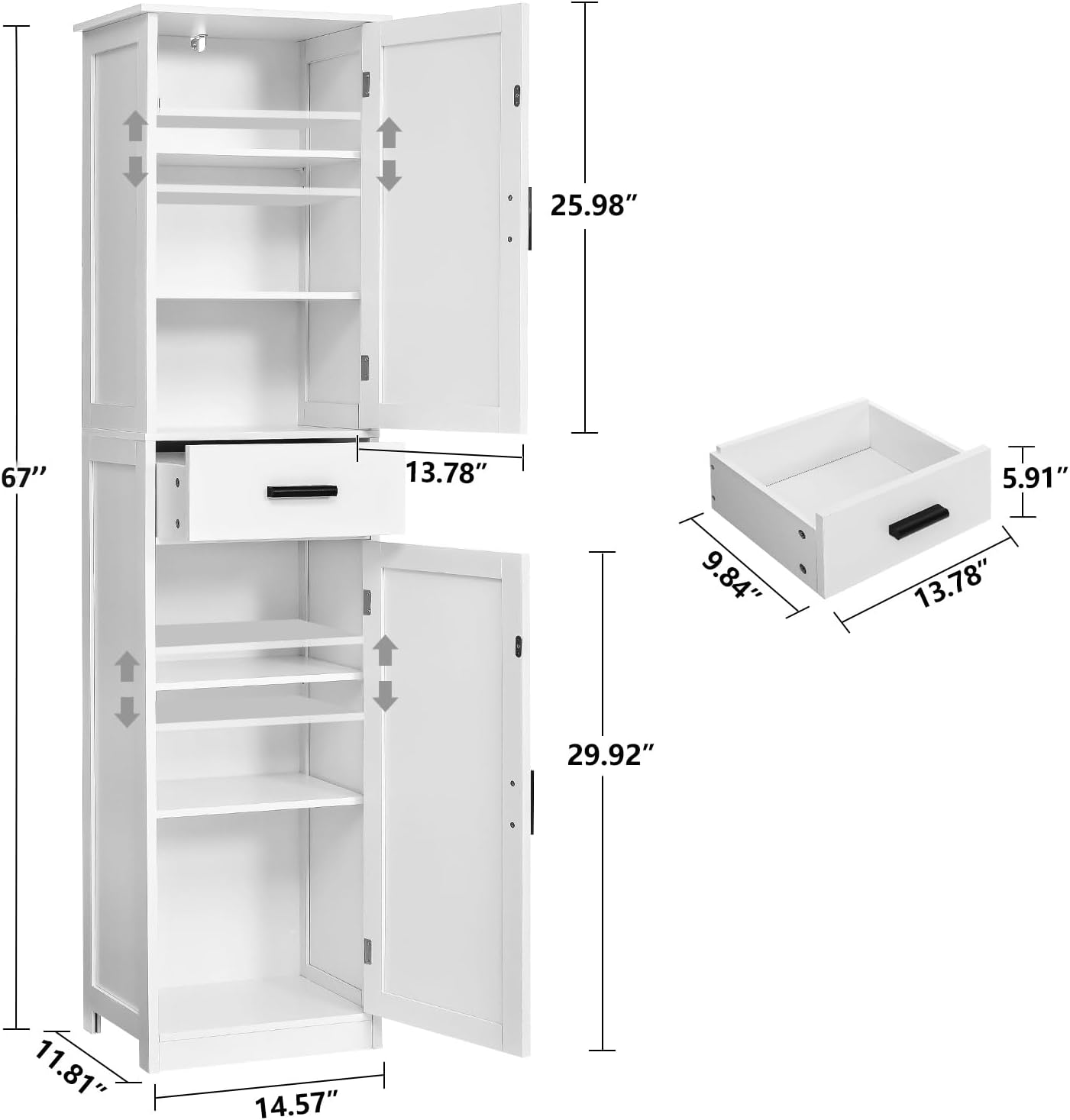 usikey 67'' Tall Bathroom Cabinet, Storage Cabinet with 4 Shelves & 2 