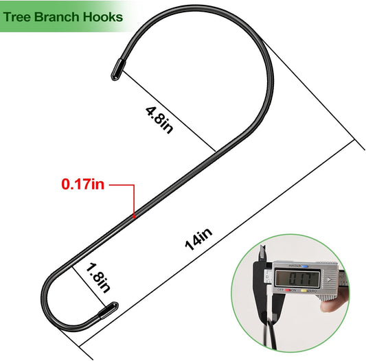 4 Pack 14 Inch Tree Branch Hooks, Extra Large S Hooks for Bird Feeder, Heavy Duty Long S Hook for Hanging Plants, Basket, Lanterns, Patio,Indoor Outdoor Uses(Black)