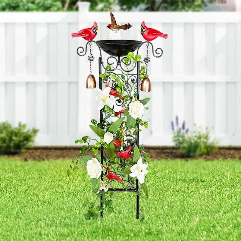 Metal Bird Bath with Trellis,Metal Bird Bath For Outside Decorative Birdbath with Cardinal, Small Garden Plant Support, Antique BirdBath for Climbing Plants with Detachable Iron Bowliron pots