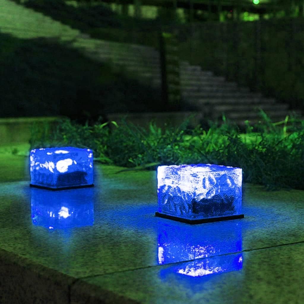 Solar Ice Glass Light,2 Packs Solar Powered Garden Lights, Waterproof IP68 Outdoor Table & Path Lights, Decorative Ice Cube for Yard (Blue)