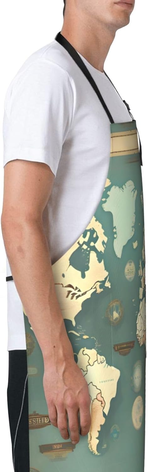 World Map Retro Print 28x33 In Adult Kitchen Apron with Pockets Versatile Chef Smock for Cooking Baking