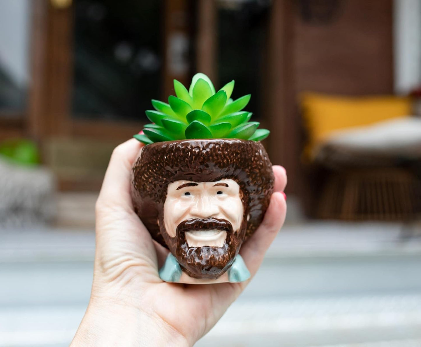 Toynk Bob Ross Mini Ceramic Planter with Artificial Succulent | Small Flower Pot, Faux Indoor Plants for Desk Shelf, Decorative Tray Trinket Dish | Home Decor Gifts and Collectibles
