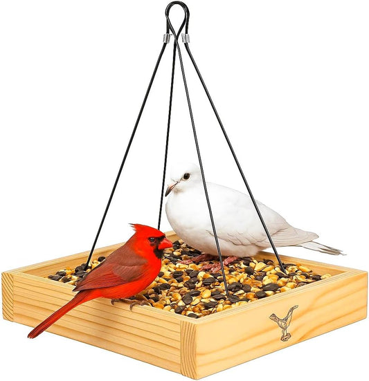 Cedar Wood Platform Tray Bird Feeder 10” - Hanging Bird Feeder for Outside Outdoor - Stainless Steel Cable Mesh Base - Weather Proof Birdfeeder for 10 Years - Longtime Outdoor Lasting Heavy Duty