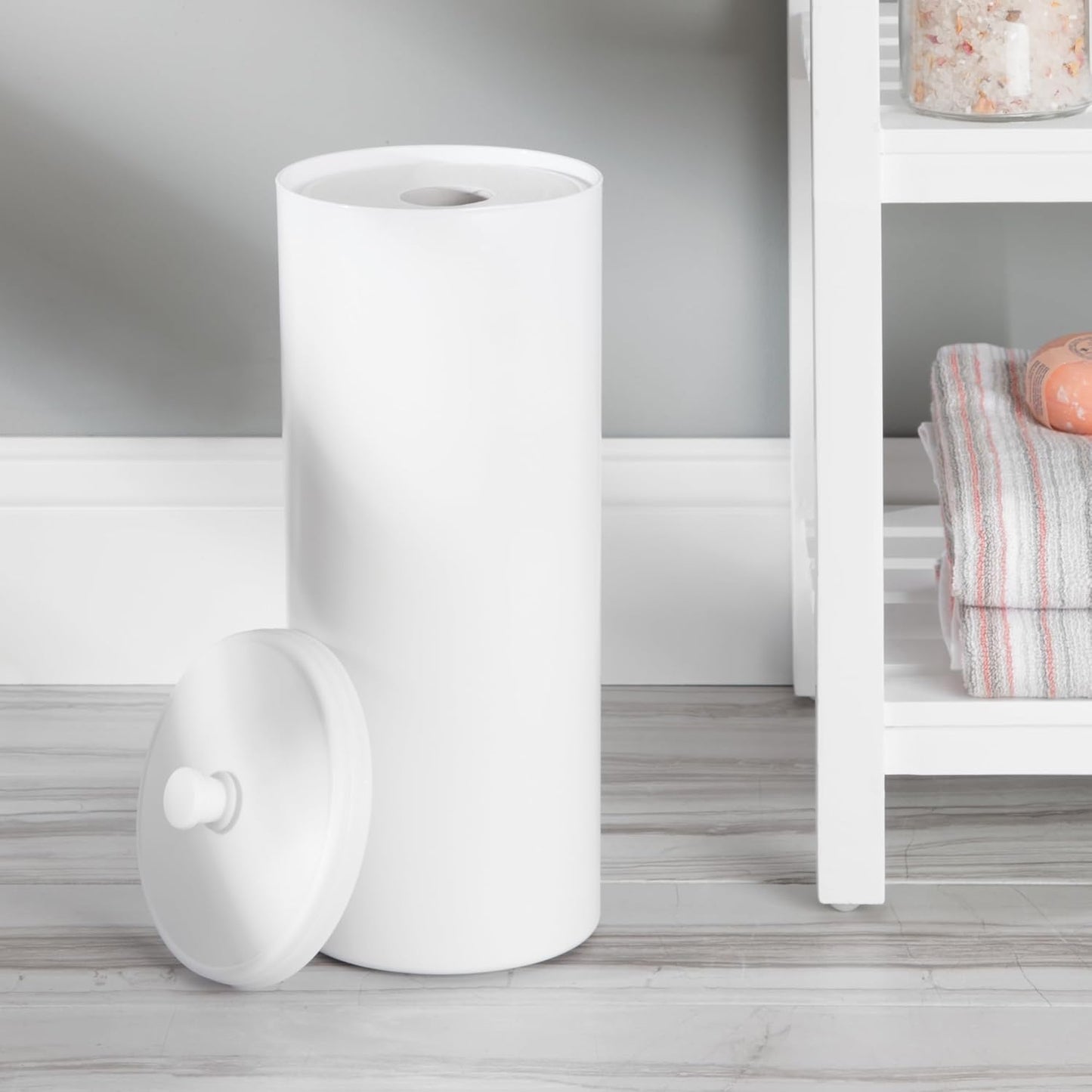 iDesign Freestanding Bathroom Toilet Paper Storage Holder with Lid for 3 Extra Rolls, White