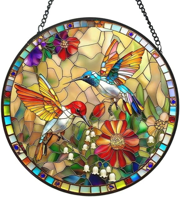 Stained Glass Window Hanging, Hummingbird Gifts Sun Catcher, Sun Catchers Indoor Window, Colorful Glass Panel,Suncatcher Room Decor,Gifts for Grandma Mom Wife,Aunt Birthday Gifts for Women 7.8in