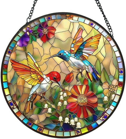 Stained Glass Window Hanging, Hummingbird Gifts Sun Catcher, Sun Catchers Indoor Window, Colorful Glass Panel,Suncatcher Room Decor,Gifts for Grandma Mom Wife,Aunt Birthday Gifts for Women 7.8in