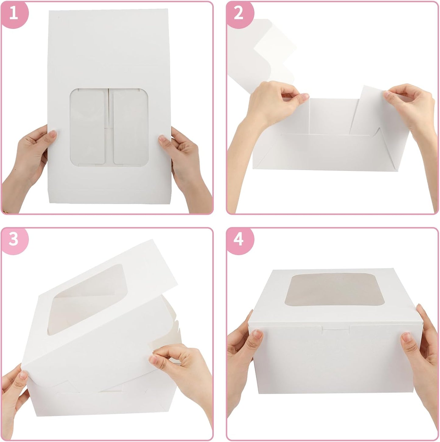 Moretoes 24pcs Cake Boxes, 10x10x5 Inches White Square Bakery Boxes with Window Cajas Pasteles for Cake, Mother's Day, Pastries, Chocolates, Cookies, Pie, Birthday Party, Wedding