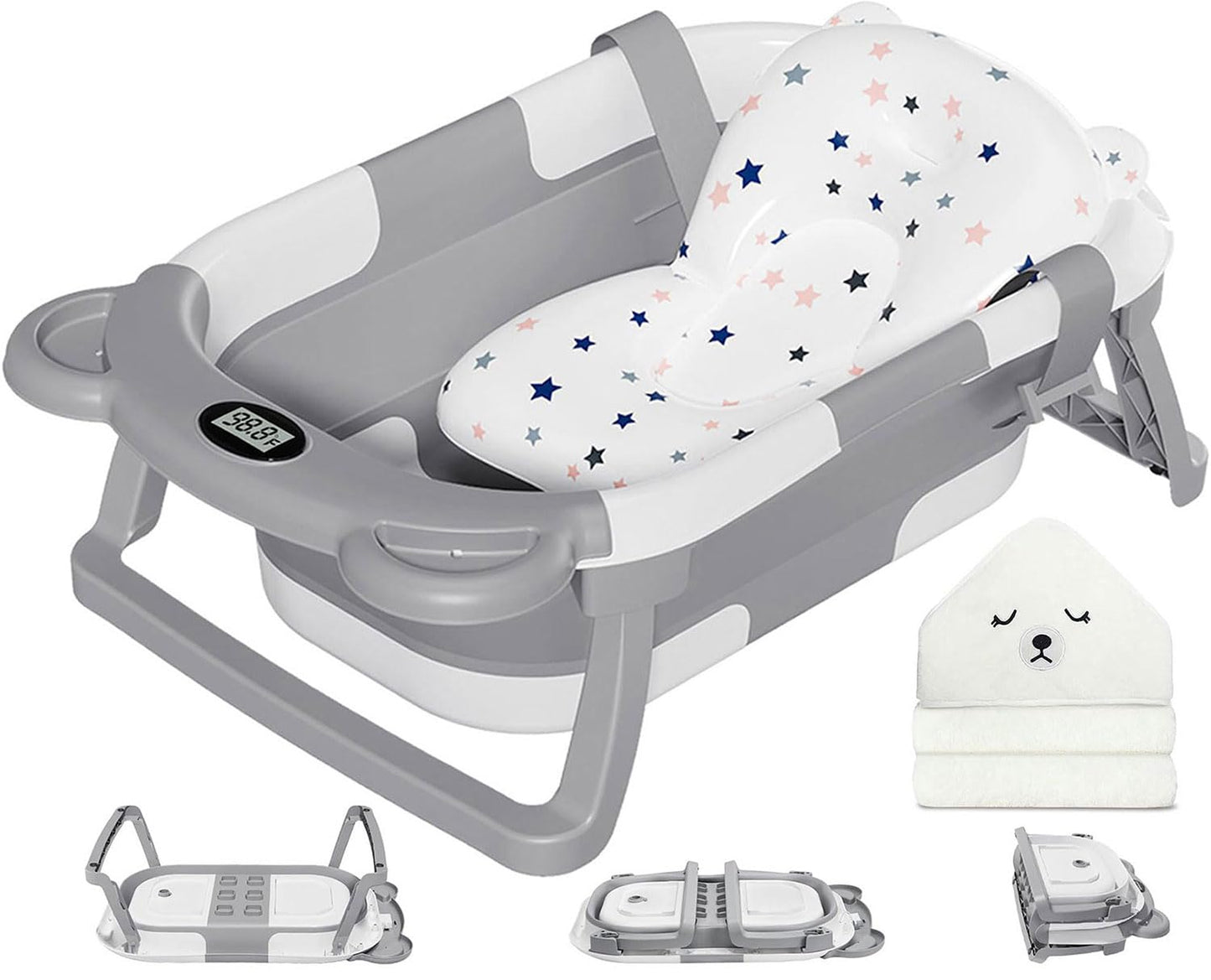 MoreFeel Collapsible Baby Bathtub for Newborn with Thermometer & 1 Hoo