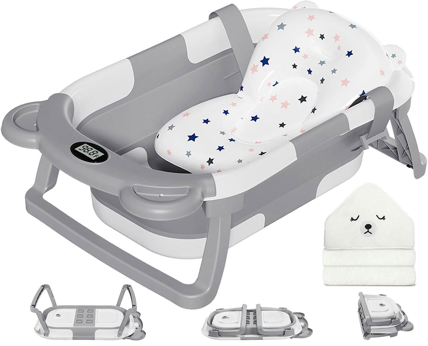 MoreFeel Collapsible Baby Bathtub for Newborn with Thermometer & 1 Hoo
