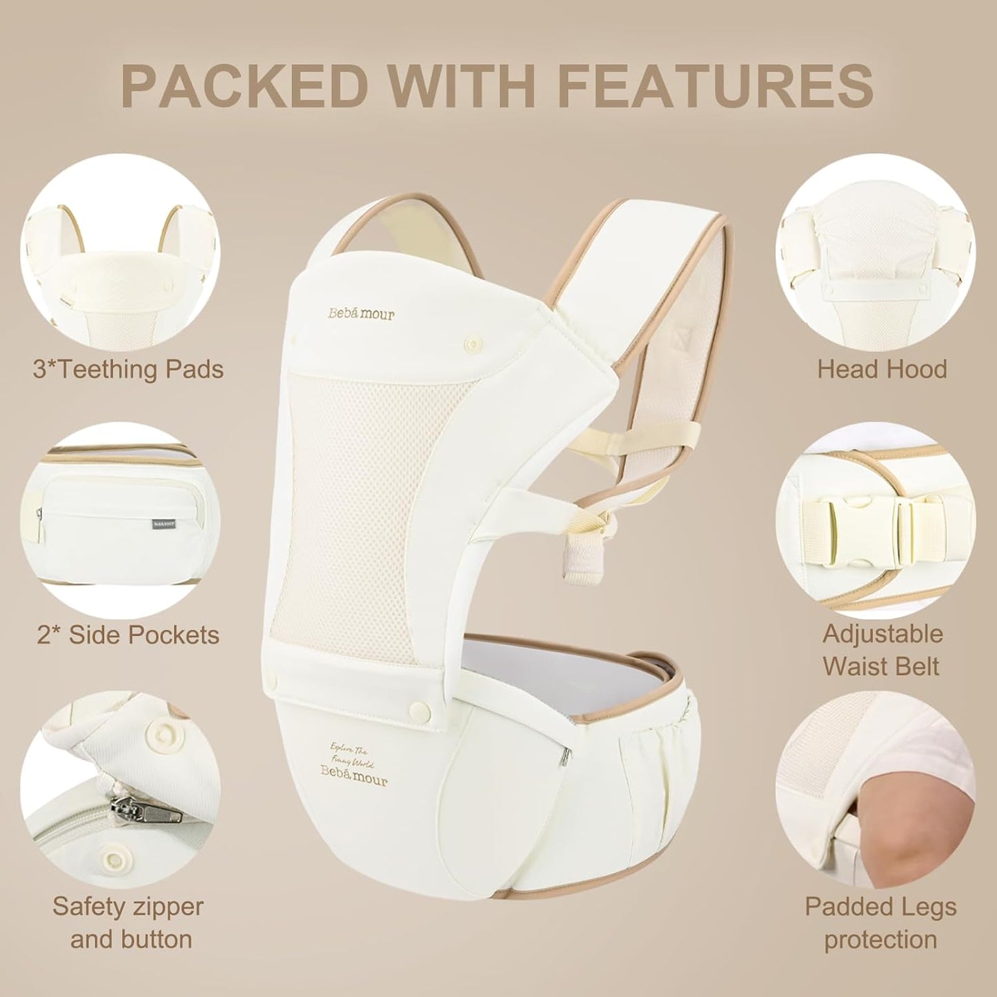 Bebamour Baby Carrier with Hip Seat,All-Position Breathable Mesh Hip S
