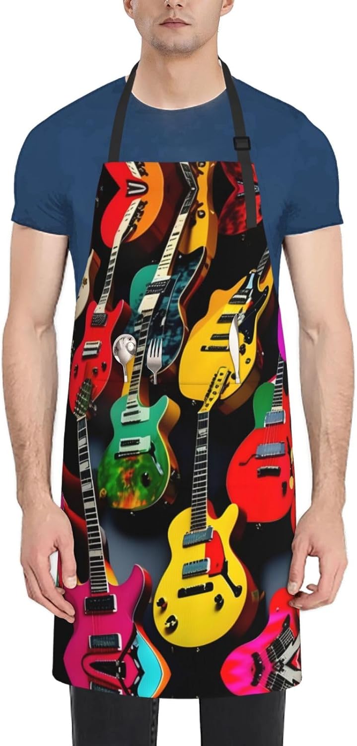 Colorful Guitar Print Laundry apron 28x33 In Waterproof Kitchen Apron with Pockets for Cooking Baking