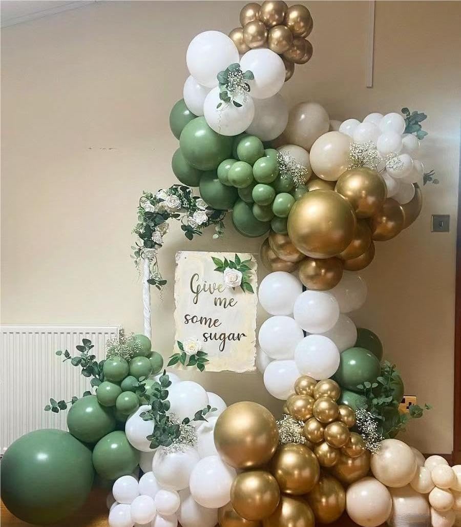 Sage Green White Gold Balloon Garland Arch Kit, 146Pcs Latex Balloons 