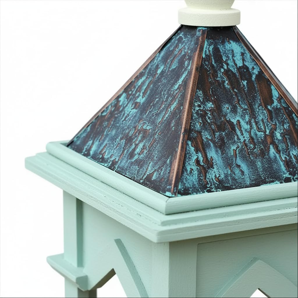Premium Wood Gazebo Bird Feeder for Outside, Gothic Style Rustic Copper Roof Birdfeeder, Longtime Outdoor Weatherability, with Wall Mount Bracket.