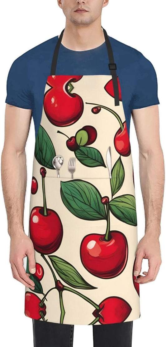 lovely sweet red cherry 2 print Waterproof chef's apron with pocket apron for kitchen cooking baking barbecue and gardening