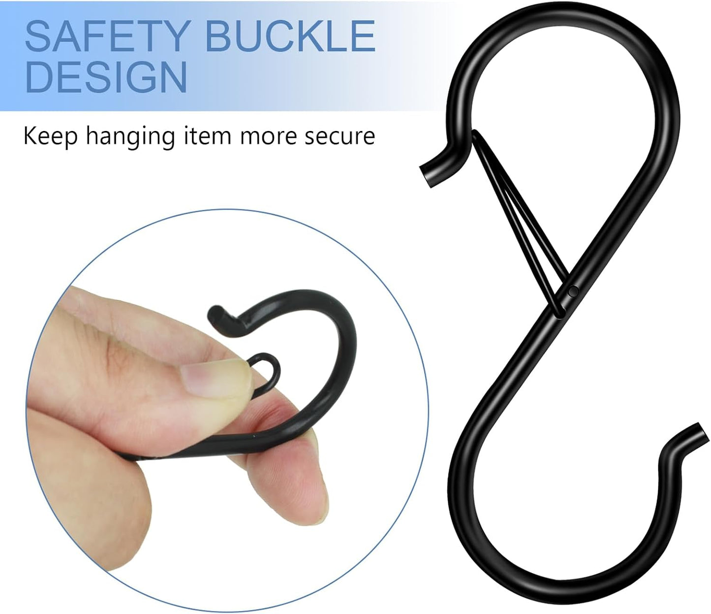 6 Pack S Hooks for Hanging, 3.5 inch Safety Buckle Design Heavy Duty Metal Black S Hooks for Hanging Plants, Pots, Pans, Cups, Clothes, Towels, Bags in Kitchen, Bathroom, Closet, Garden