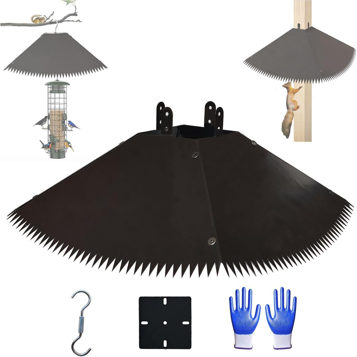 Metal Squirrel Baffle for 4×4 Posts or Hanging, Squirrel Proof Baffle with Spikes for Bird Feeder Poles, Waterproof, Rustproof, Preventing Squirrels and Raccoons from Bird Feeders (Black)