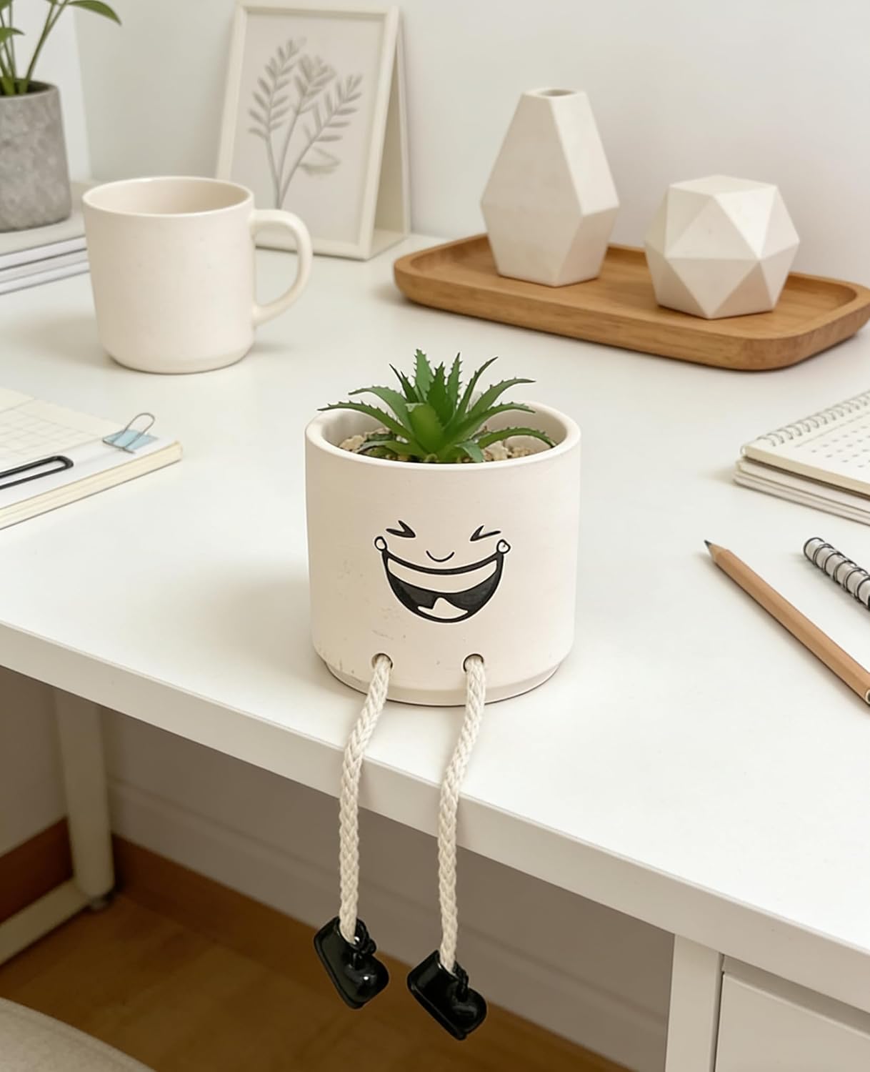 Artificial Succulents Potted Plant, Beige Cute Ceramics Planter with Faux Plants, Small Fake Plants Office Decor for Women Small Plants Pot with Hanging Leg for Shelf Decor
