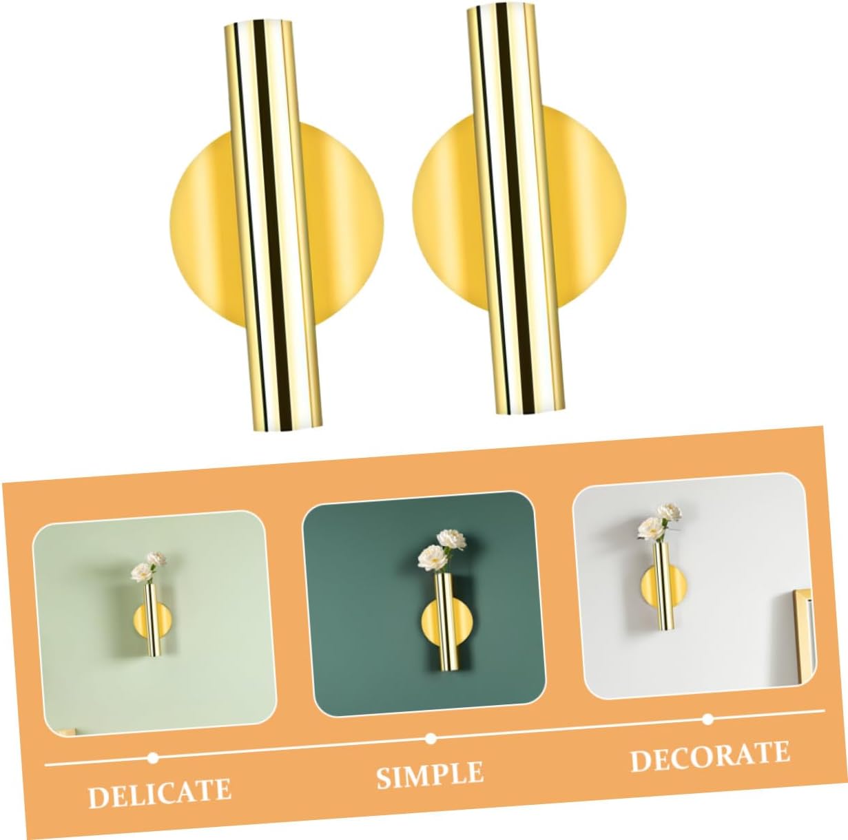 Wall Mounted Flower Vase Gold Floral Tube Metal Planter with Adhesive 