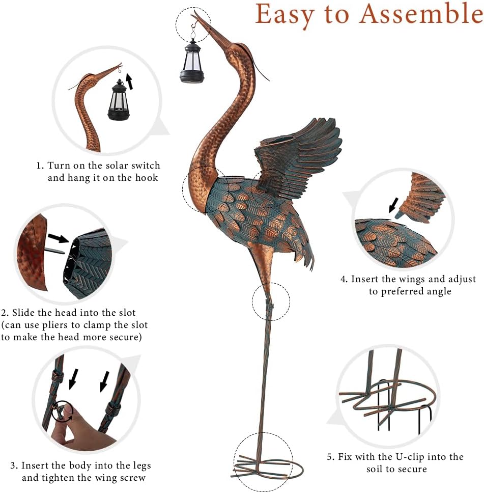 48'' Heron Garden Statue, Large Crane Outdoor Statue with Solar Lanter